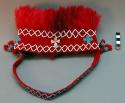 Man's red wool warp faced plain weave headdress - red feathers around +