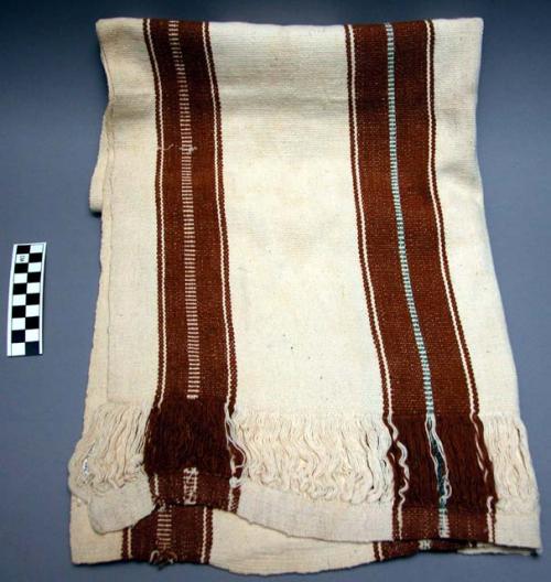 Woman's head cloth - everyday use, less common type; broad brown stripes on whit