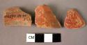 Rim potsherd; 5 potsherds - Mycenaean red glaze surface