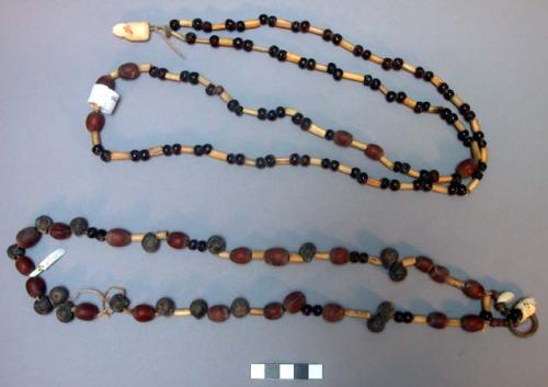 Necklace of seeds and bird bones with various pendants