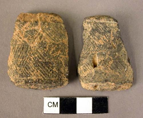 Ceramic base sherds, coarse ware, incised geometric design