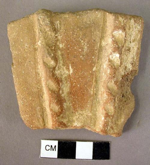 Potsherd - part of tab with finished edges & two raised indented bands of plasti