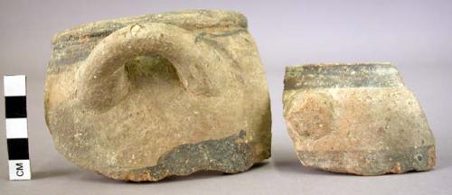 Rim potsherd with handle; rim potsherd with handle fragment