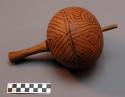 Gourd rattle - decorated with geometric design in brown paint
