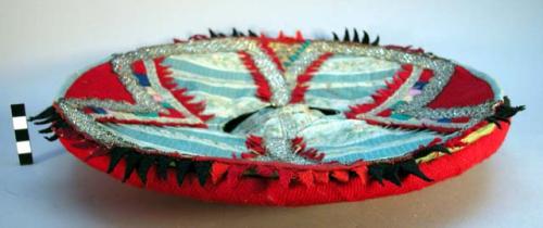 Woman's fiesta hat - red with designs of brocade and silver ribbon +