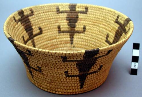 Basket, coiled. Black designs of lizards on a light background.