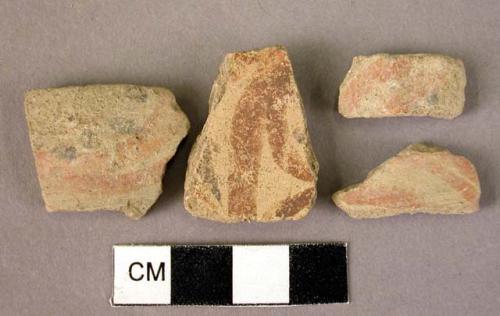 4 potsherds - polychrome red spirals, black dots, etc.