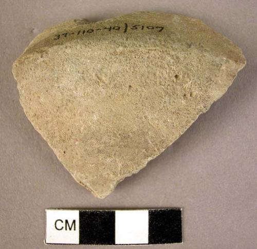 Potsherd - flat bowl with spout, stage II, or complete slipped cognate, badly wo