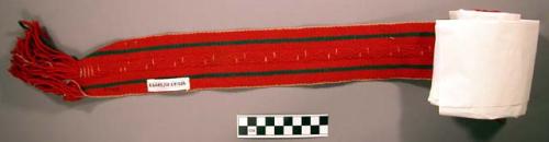 Pair of Navajo woven gaters. Red w/ green stripe on each edge. Central portion