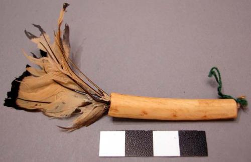 Ornament, bone tube with several feathers, attached by cotton string