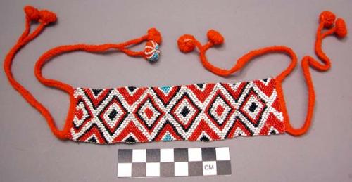 Man's bead collar - red, white and black; geometric design; orange +