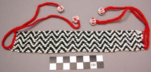 Man's bead collar - black and white; geometric pattern; red cord tie