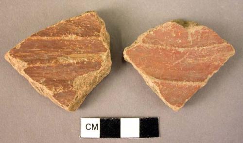 3 potsherds - red slipped and burnished - local Minyan copies - fluted