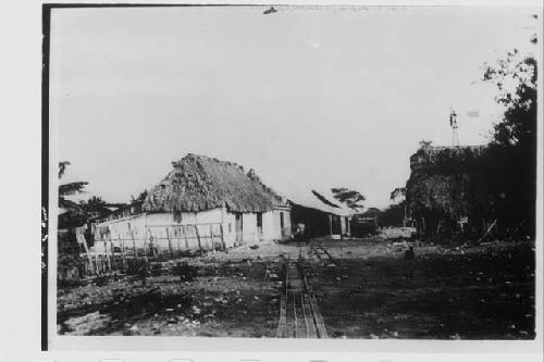 Building and railroad tracks