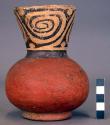 Ceramic jar, round body, extended neck, ring base, polychrome