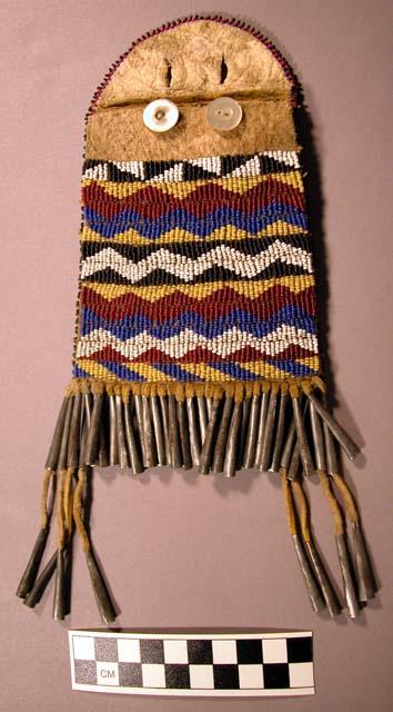 Small square bag (trinket bag). Buckskin with multi-colored beadwork.