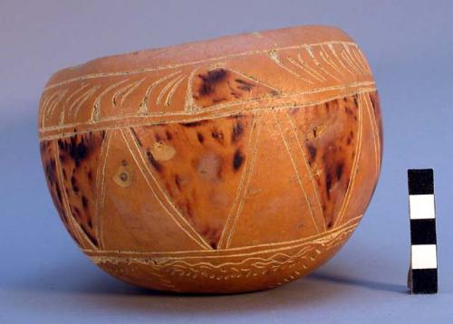 Jar, gourd, geometric incised decoration on exterior