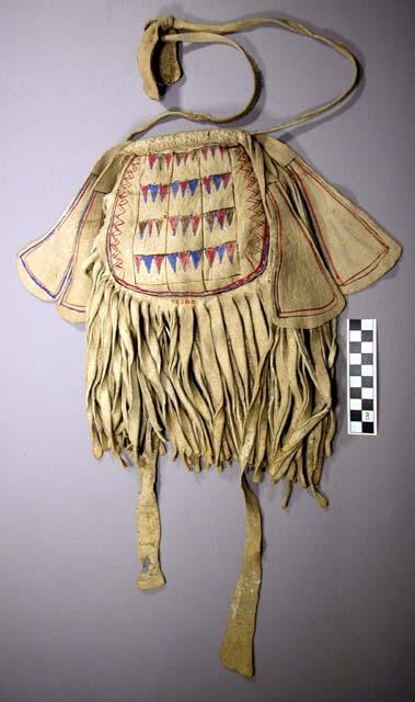 Pouch with heavy fringe (tobacco bag?). Made of buckskin.