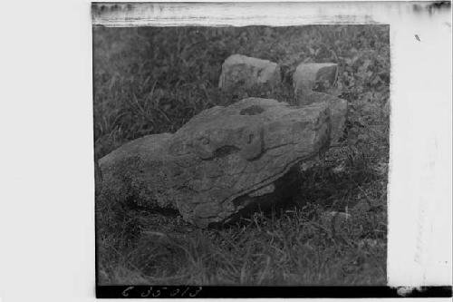 Serpent Balustrades. Head from stairway leading to Temple of Jaguars.