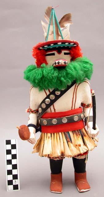 "Yucca skirt kachina," painted wood with hair feathers, yarn, yucca fiber