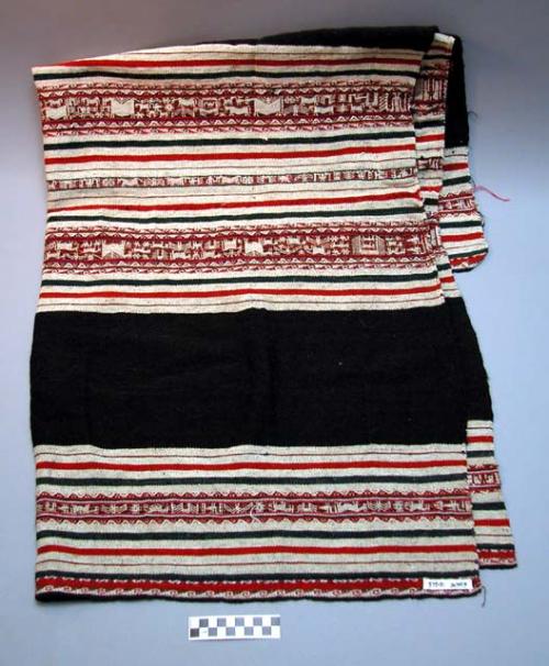 Handwoven textile, altern. bands of red, deep, green, blue, white, with broad bl