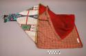 Cradle hood. Triangular hide lined w/ red flannel. Exterior beaded.