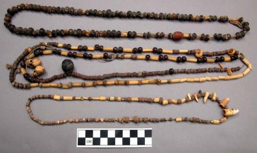 Necklace of chancala seeds and bird bones with various pendants