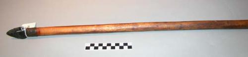 Stone head lance. Long wooden shaft (spruce?) round in cross-section.