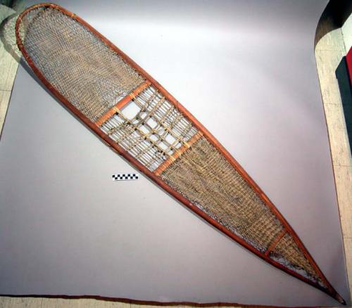 Pair of snowshoes. Elongated tear drop shape. Bend up in front.