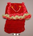 Baby's red knitted woolen cap - front decorated with loops of white & +