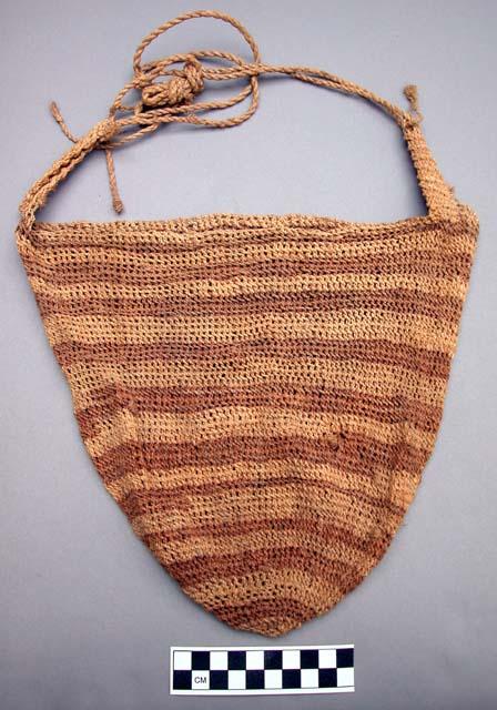 Knotless netted string bag, geometric design in brown on ecru. carrying strap.