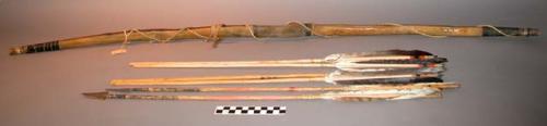 Metal-tipped arrows. From black wood bow with leather wrapped handhold and 12 arrows