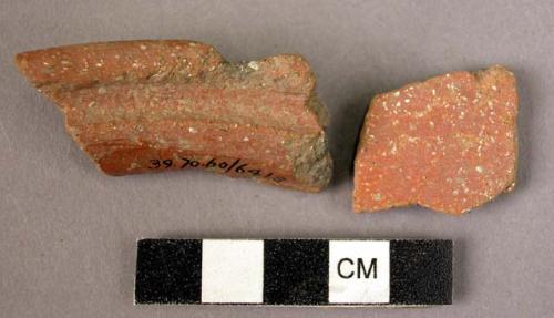 5 potsherds - shiny red painted? micaceous ware; rims, etc.; some worn