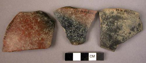 3 potsherds - shiny surfaced black & red ware