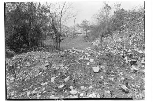 Structure 3E3. Looking across top of mound southwest.