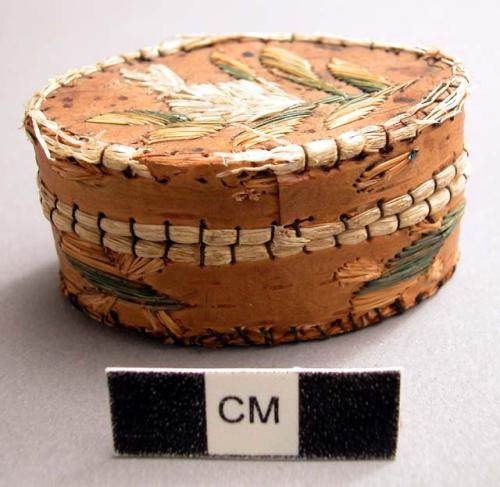 Small birch bark basket ornamented with quill work