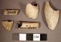 Fragments of kaoline white clay pipes, one with molded design.
