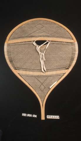 Pair of snowshoes made of birchwood. Bear paw style, webbing ("babeche")