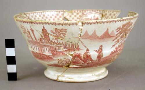 Pink transfer design on white china bowl.  6' in diameter; restored