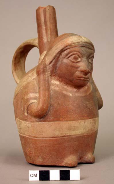 Straight spouted vessel, woman with a tumpline around her head carrying a burden