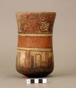 Vase painted with two mythical beings, red band at center, rectangles below