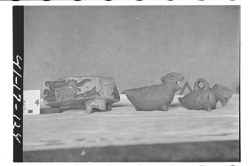 Sherd of Red and Orange on Cream Bowl, and Two Hollow Bird Effigies