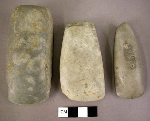 3 polished stone shoe last celts