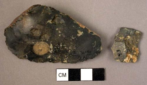 3 flints showing effect of thermal fracture - 2 scrapers & 1 chip