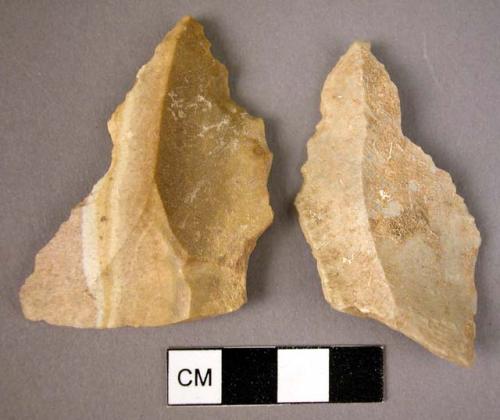 5 flint points on broad flat flakes (irregular shapes)