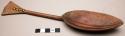 Spoon, carved wood, ridged bowl, handle flared & flat w/ 4 metal tacks
