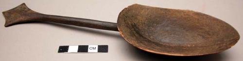 Spoon, carved wood; flared, 3-point handle; chipped bowl rim