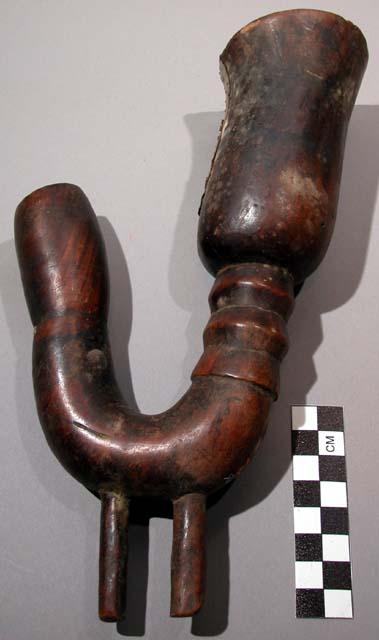 Pipe; carved wood pipe bowl; curved; 2 pegs at bottom; cracked