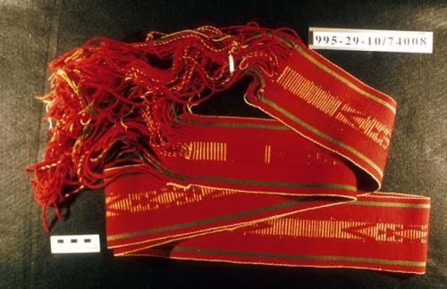 Warp-float belt:  bracketed stepped triangular forms in red and white