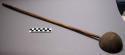 Ladle, worked wood handle, flat at end; coconut shell ladle, cracked